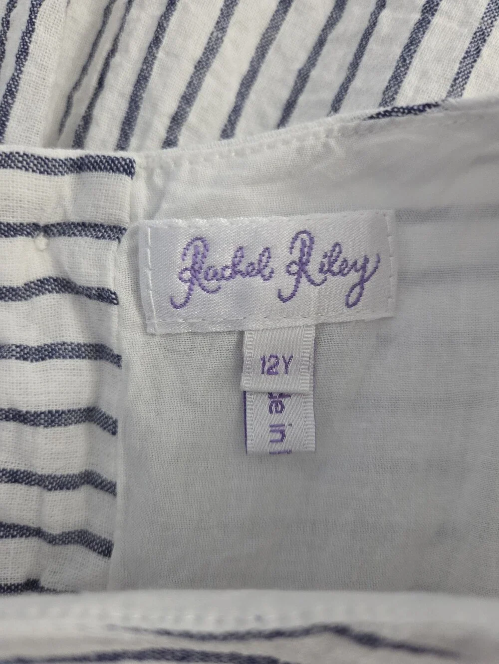 Rachel Riley Stripe Linen Bow Dress Girl's Size 12 White and Navy Nautical